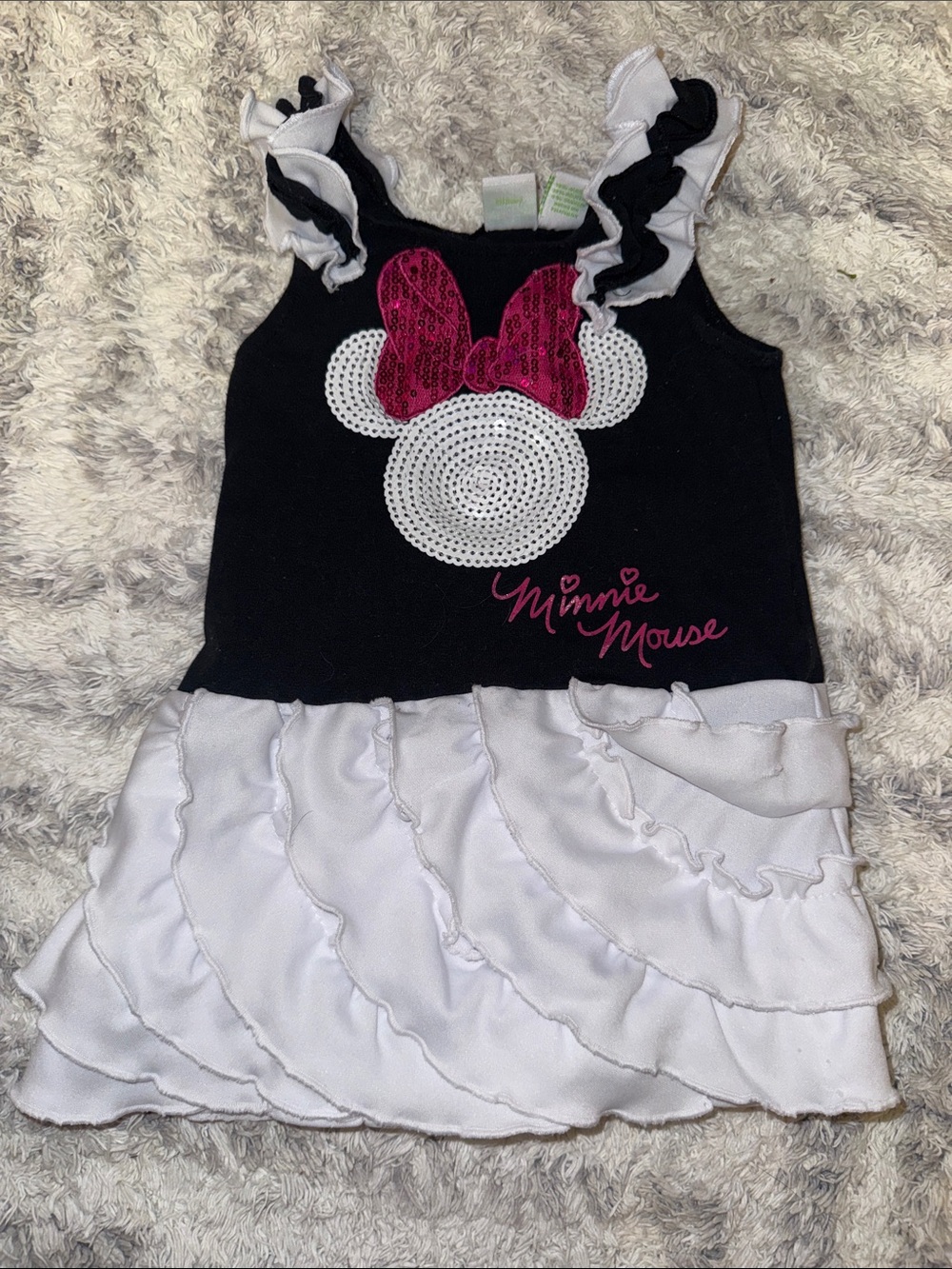 12m vintage Minnie Mouse Black & White Ruffle Dress with Pink Sequin Bow